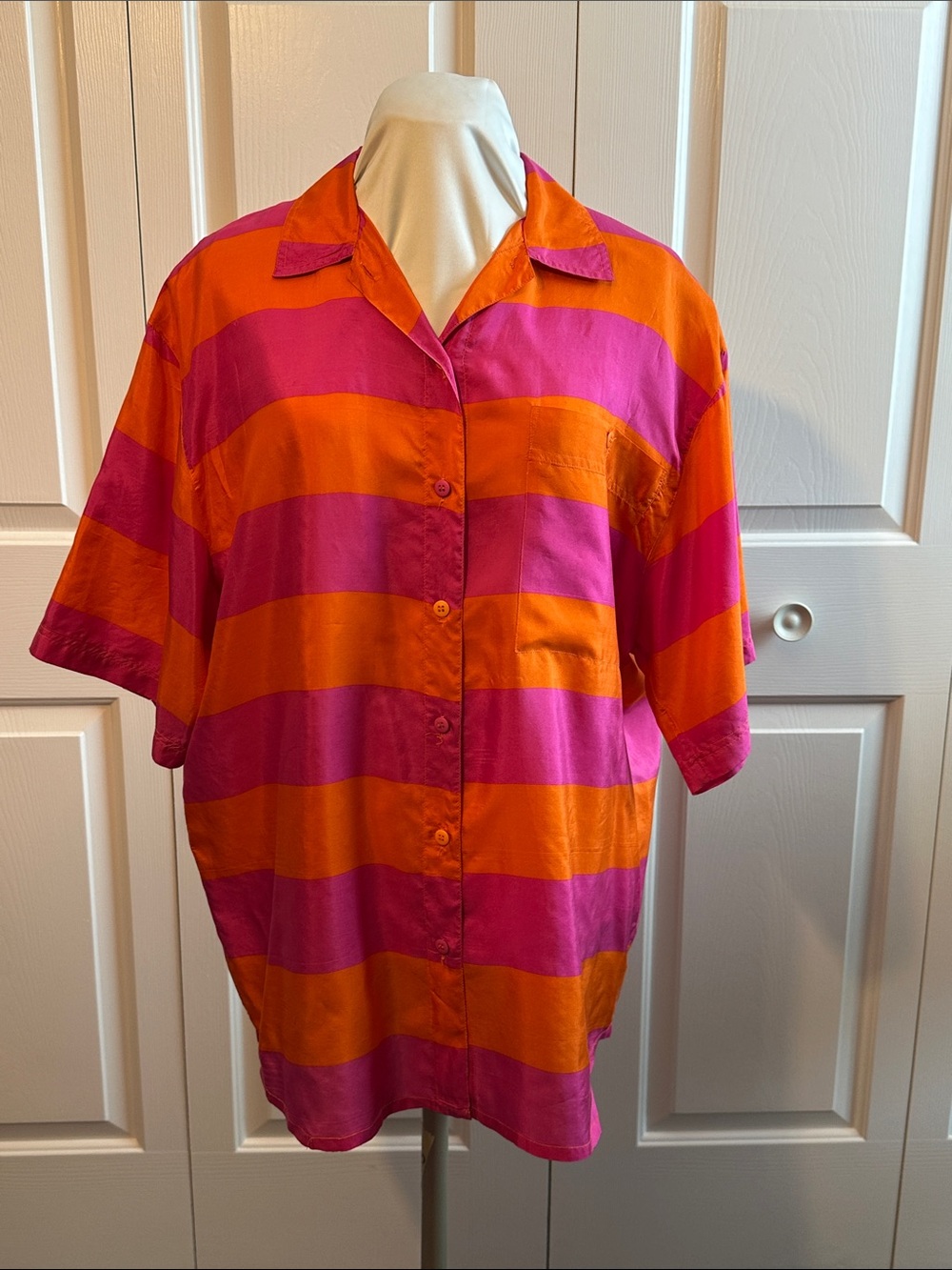 100% Silk Carole Little Orange and Pink Wide Stripe Button-Down Shirt